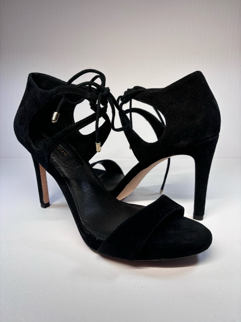 Antonio Melani Black Suede Lace-Up Heels Size 9M Elegant Stiletto Sandals